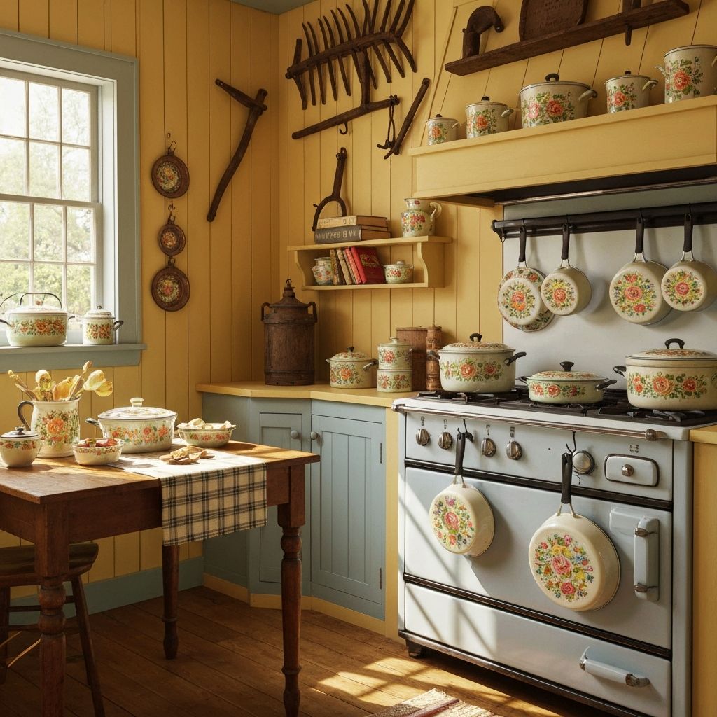 Beautiful Pioneer Woman cookware collection in a modern farmhouse kitchen